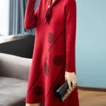 Women Red Print Knitted Cotton Long Sleeve Midi Dress Autumn Luxury Chic Sweater Dress 2024 Korean Vintage Elegant Prom Vestidos