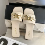 Wide Fit Slip-On Metal Chain Decor Slides For Women, Breathable Open-Toe Summer