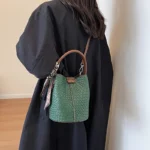 Fashionable Women's Bucket Bag, Stylish Solid Color Woven Effect Handbag Shoulder Bag - Image 5
