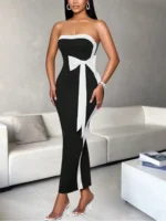 Ladies Fashion Elegant Color Block Knot Design One Shoulder Dress Stylish Gracefu - Image 5