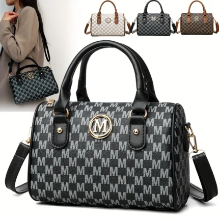 Women Alphabet Shoulder Bag with Golden "M" Logo, Synthetic Faux Leather