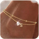 Waterproof CZ Ankle Bracelets for Women 14K Gold Plated CZ Initial Dainty Layered Heart