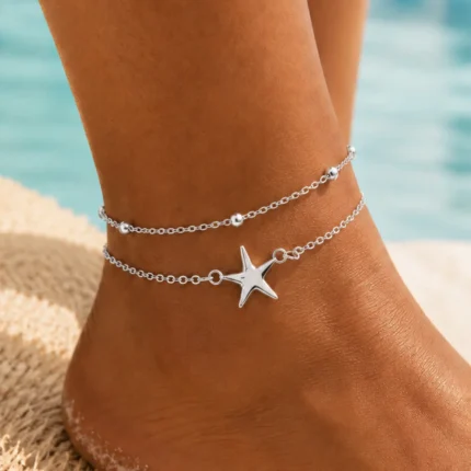 Stainless Steel 18K Gold Plated Starfish Ankle for Women Dainty Tiny Bead Adjustable