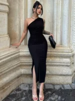 Women Maxi Dresses Sexy Split Black Sleeveless Backless Slim Dress Summer Female Fashion