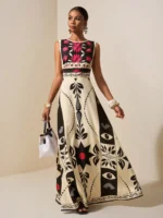 Elegant Red Floral Tribal Sleeveless Dress High Waist A Line Maxi Gown Outfits