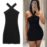 HXAO Women's Halter Black Dress Mini Sleeveless Short Dresses Woman