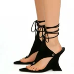 Print Wedge Heel Sandals Women's Lace-Up Flip Flops with Ankle Straps - Image 4