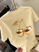 Golden Cherry Print Women Short Sleeve T-Shirt Stylish Casual Tee a Sense of Elegance