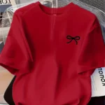 New Women's T-shirt Black Bow Printed Simple Style Casual Fashion Short Sleeve