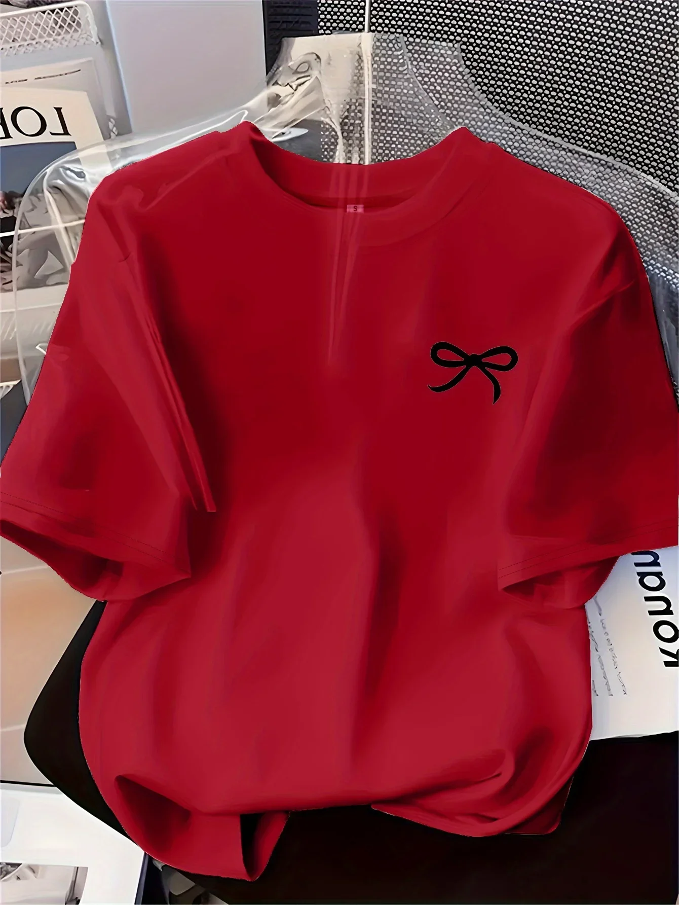 kf-Sf7b36c32266a4be9a4e9e9a8fbb23553H New Women's T-shirt Black Bow Printed Simple Style Casual Fashion Short Sleeve - Image 1