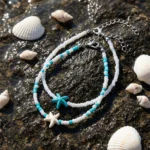 Cute Blue Starfish Beaded Anklets Set for Matching Handmade Elastic Foot Bracelets - Image 4