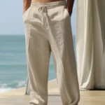 Summer New Linen Elastic Drawstring Wide-Leg Pants for Men - Beach Vacation Drapey Breathable Cotton Linen Straight Leisure Long