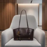 Vintage Dark Brown Faux Leather Tote Bag Large Capacity Tennis Racket Charm Durable - Image 5