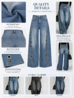 Women High Waist Wide Leg Jeans, Side Cutout Eyelet Rivet Denim Pants Loose Fit Hollow - Image 6