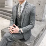 Striped Men's Suit 3-Pieces Blazers+Pant Fashion Korean Slim Fit Casual Men's Tuxedo - Image 2