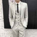 Striped Men's Suit 3-Pieces Blazers+Pant Fashion Korean Slim Fit Casual Men's Tuxedo - Image 3