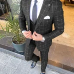 Formal Men's Suits Regular Fit Plaid Tweed Prom Army Green Tuxedos Solid Business Black