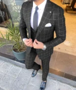 Formal Men's Suits Regular Fit Plaid Tweed Prom Army Green Tuxedos Solid Business Black