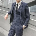 Striped Men's Suit 3-Pieces Blazers+Pant Fashion Korean Slim Fit Casual Men's Tuxedo