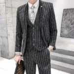 Striped Men's Suit 3-Pieces Blazers+Pant Fashion Korean Slim Fit Casual Men's Tuxedo - Image 4