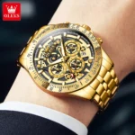 OLEVS Lxuxry Brand Gold Men's Watches Full Skeleton Stainless Steel Chronograph - Image 2