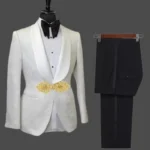 Newest Groomsmen White Print and Black Tuxedos Shawl Satin Lapel Men Suits Wedding