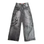 Mens Jeans Y2K Vintage Streetwear Black Gray Wide Leg Denim Pants Abstract Print - Image 4