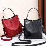 Vintage Stone Leather Handbag Shoulder Crossbody Bags Fashion Female Bucket