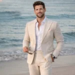 Elegant Beige Linen 2 Piece Men Suits Casual Peak Lapel Slim Fit Blazer Pants