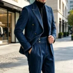 New Fashion Denim Men's Suit Classic Double Breasted Peak Lapel Slim Fit 2 Pieces