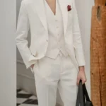 Men Off White Linen 3 Pieces Suit Slim Fit Blazer Vest Pants Set Summer Wedding