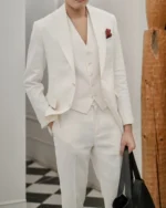 Men Off White Linen 3 Pieces Suit Slim Fit Blazer Vest Pants Set Summer Wedding