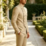 Men's Double Breasted Stand Collor Suit 2 Pieces Blazer Pants Set Slim Fit Business - Image 3