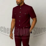Men's Grey Mandarin Collar Suit Set Short Sleeves Multi-Pocket Jacket and Trousers - Image 3