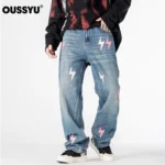 OUSSYU Brand Berkeley Lightning Pattern Baggy Men's Jeans Wide Leg Washed