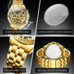 OLEVS Lxuxry Brand Gold Men's Watches Full Skeleton Stainless Steel Chronograph - Image 6