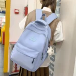 Solid Nylon Backpack, Cute Simple School Bag with Multi Pockets & Pendant - Image 3
