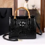 2025 New Crocodile-Patterned Middle-Aged Mom Bag, Genuine Bamboo Joint Handle