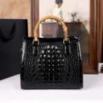 2025 New Crocodile-Patterned Middle-Aged Mom Bag, Genuine Bamboo Joint Handle - Image 2