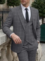 Formal Men's Suits Regular Fit Plaid Tweed Prom Army Green Tuxedos Solid Business Black - Image 3