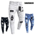 new White Embroidery Jeans Men Cotton Stretchy Ripped Skinny Jeans High Quality Hip