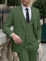 Formal Men's Suits Regular Fit Plaid Tweed Prom Army Green Tuxedos Solid Business Black - Image 2