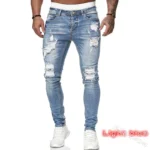 Men Jeans Knee Hole Ripped Stretch Skinny Denim Pants Solid Color Black Blue Autumn