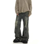 Men Jeans Denim Flare Pants Floor Length Pant Splice High Waist Irregularity Loose