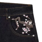 Vintage Low Waist Hip Hop Cherry Blossom Embroidered Jeans Wide Leg Trousers Y2K - Image 3