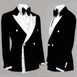 Mens 2 Pieces Tuxedo Suit Double Breasted Black Jacket Pants Set White Satin Peak