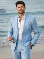 Elegant Beige Linen 2 Piece Men Suits Casual Peak Lapel Slim Fit Blazer Pants - Image 3