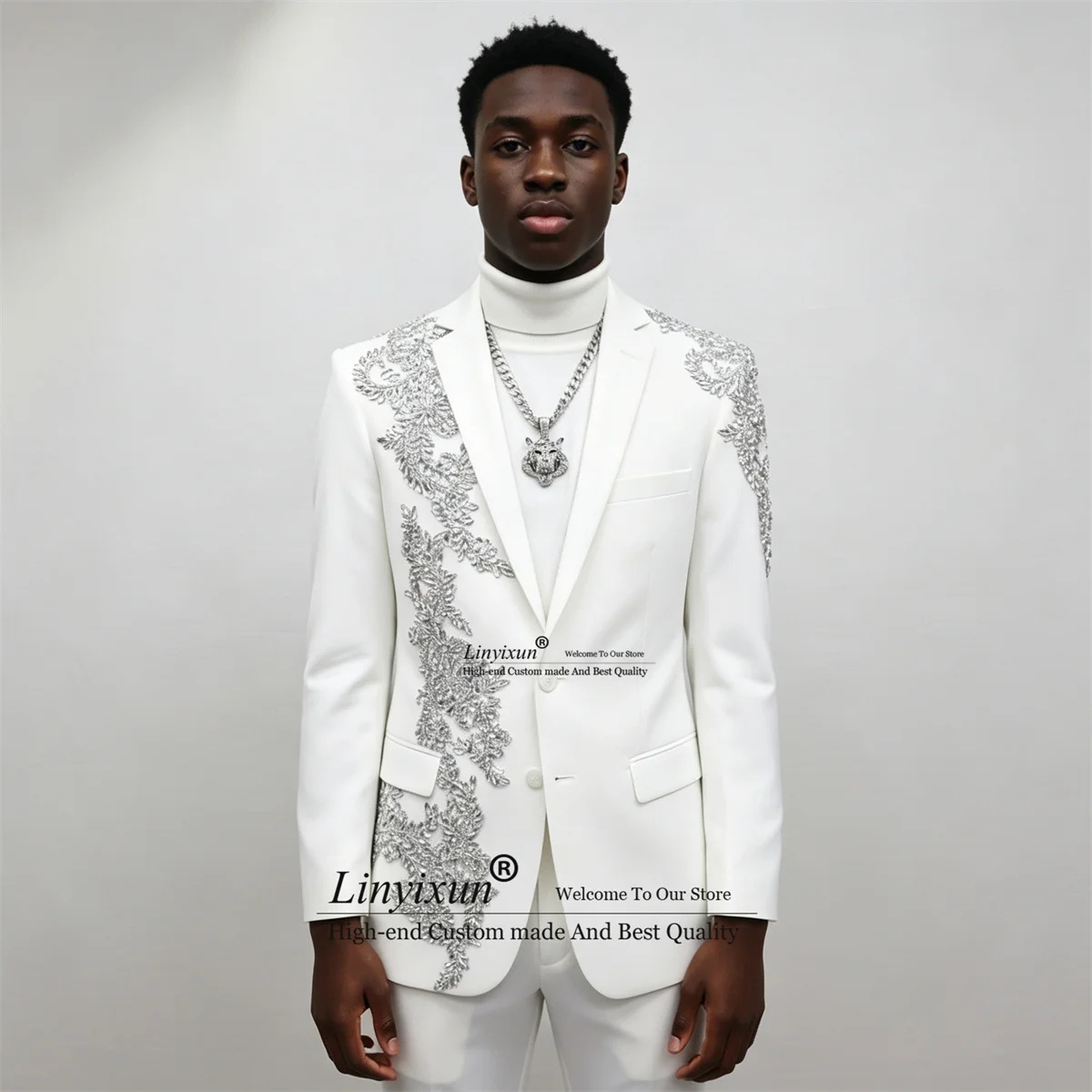 kf-S6e2d47dfc13e4b019c9aa2b96d82d302U High End Crystal Jewelry Men Suits Notch Lapel Applique Groom Male Blazers 2 Pieces Sets - Image 1
