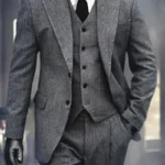 3 Pieces Men's Grey Herringbone Suits Formal Slim Fit Peak Lapel Tweed Prom Tuxedos - Image 2