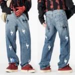 OUSSYU Brand Berkeley Lightning Pattern Baggy Men's Jeans Wide Leg Washed - Image 4